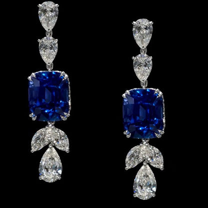 20ctw Cushion Cut Royal Blue & White Sapphire Drop Earrings-JEWELBUYS