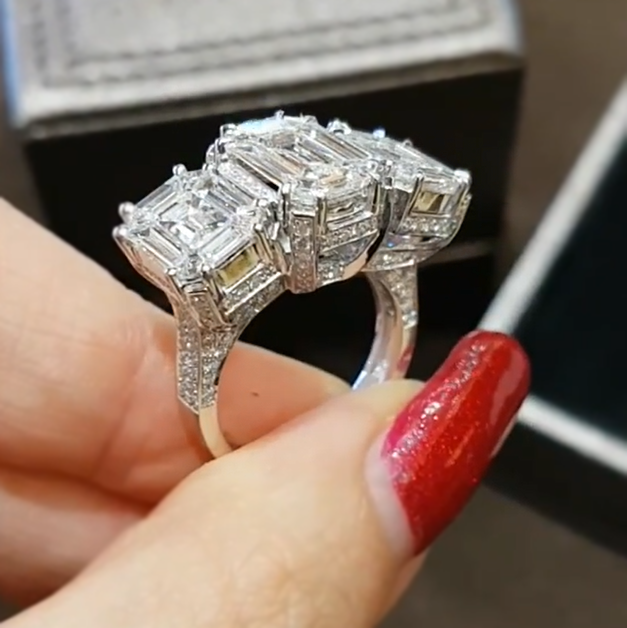 Gorgeous 14 ctw Emerald Cut White Gemstone Three Stone Engagement Ring -JEWELBUYS