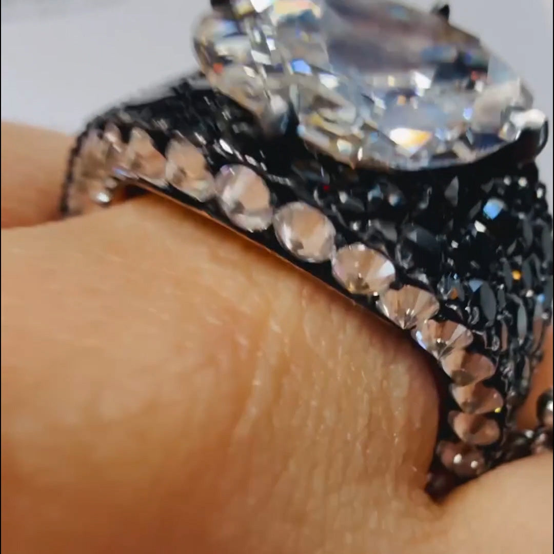 6.36Ct Cushion Cut Black Spinel and White Sapphire Ring-JEWELBUYS