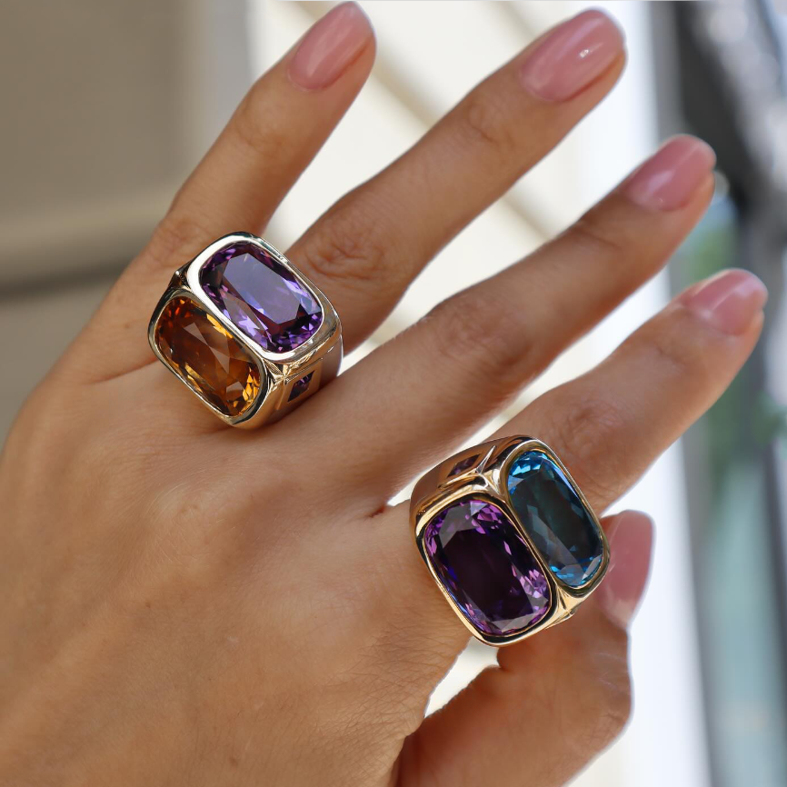 Unique 12 ctw Cushion Cut Blue & Purple & Yellow Gemstone Two Stone Cocktail Ring -JEWELBUYS