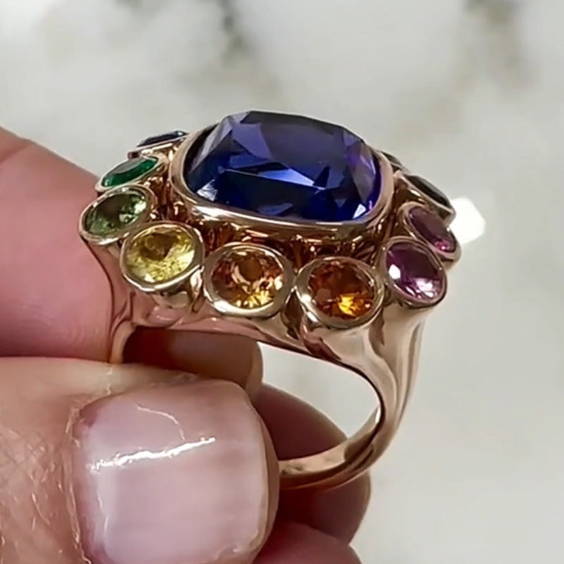 7.53 Ctw Cushion Cut Blue Gemstone and Mixed Color Sapphire Ring-JEWELBUYS