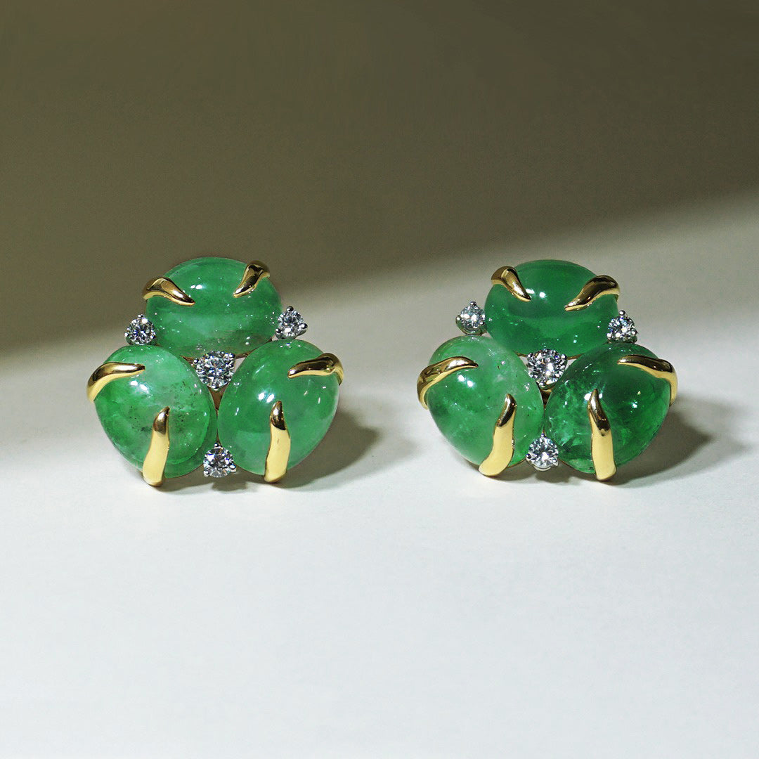 3.0Ctw Cabochon-shaped tendril cluster gemstone ear clips-JEWELBUYS