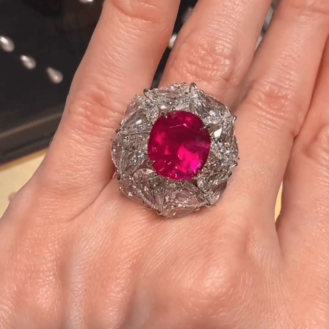 4ct Round Cut Rose Sapphire with Trillion Cut White Sapphire Engagement Ring in Silver-JEWELBUYS