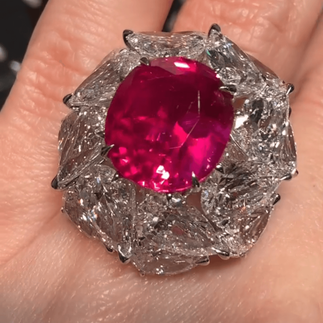 4ct Round Cut Rose Sapphire with Trillion Cut White Sapphire Engagement Ring in Silver-JEWELBUYS