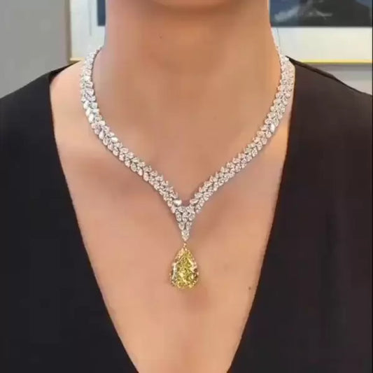 26ctw Pear Cut Yellow Sapphire Elegant Pave Set Necklace-JEWELBUYS