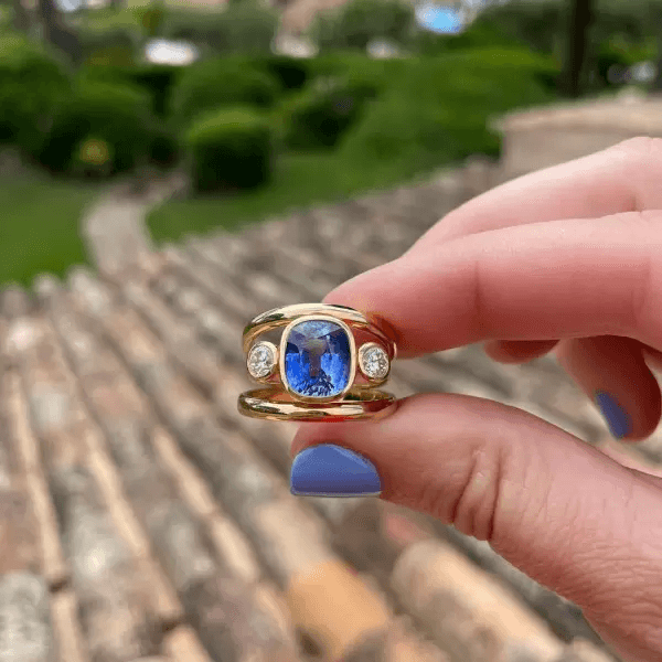 3ctw Cushion Cut Blue & White Sapphire Three-Stone Ring-JEWELBUYS