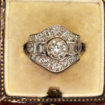 Art Deco 4 ctw Round & Emerald Cut White Gemstone Vintage Ring -JEWELBUYS