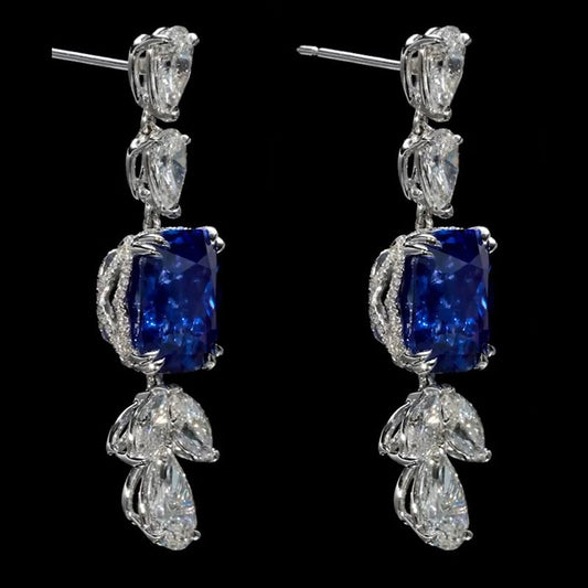 20ctw Cushion Cut Royal Blue & White Sapphire Drop Earrings-JEWELBUYS