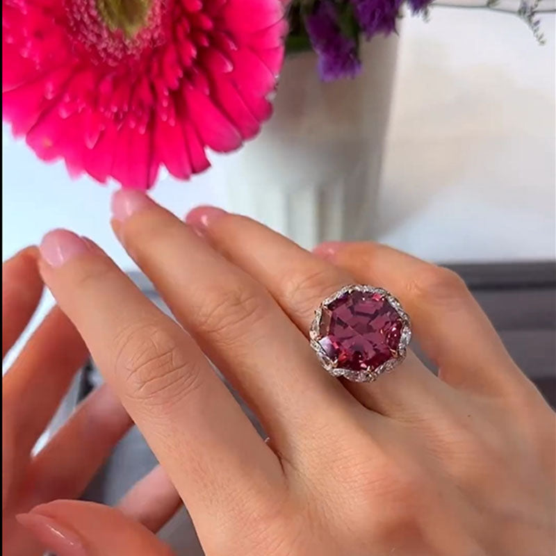 16ct Hexagon Cut Reddish-pink Sapphire Flower Engagement Ring-JEWELBUYS