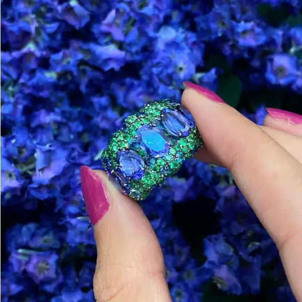 12ctw Blue Sapphire Oval Cut and Emearld Round Cut Two Tone Pave Set Ring-JEWELBUYS