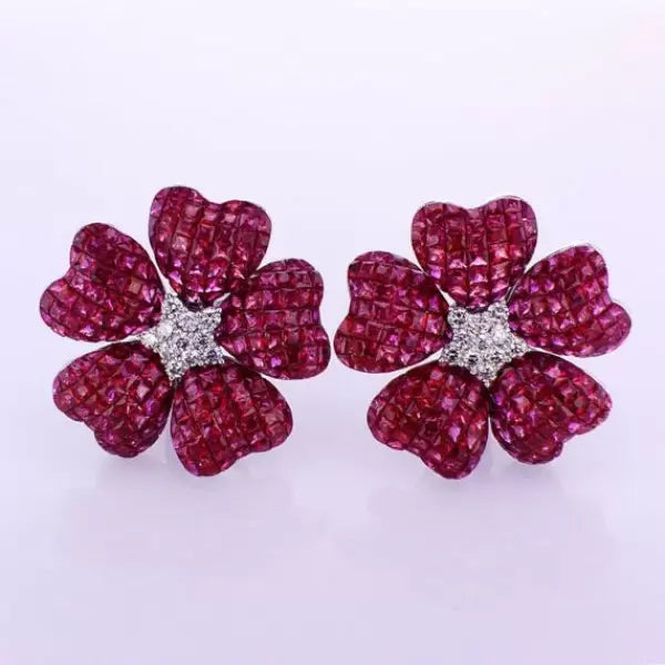 17ctw Invisible Set Princess Cut Ruby Sapphire Flower Earrings-JEWELBUYS