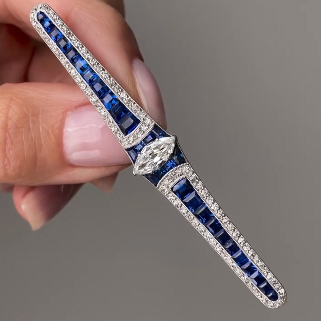 3.85ctw Marquise Trapezoid Cut Sapphire French Art Deco Brooch-JEWELBUYS