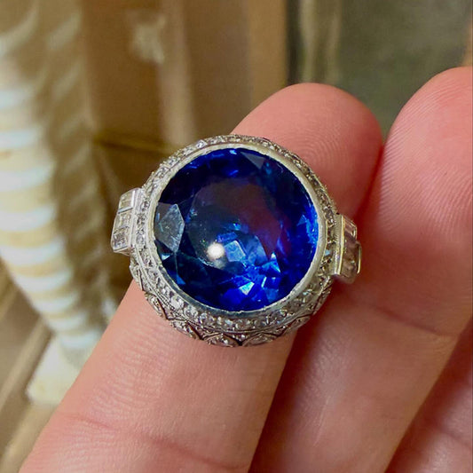 12Ctw Art Deco Round Cut Blue Sapphire Engagement Ring-JEWELBUYS