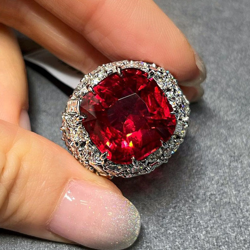 15.02 CTW Cushion Cut Ruby and White Sapphire Full Set Engagement Ring-JEWELBUYS