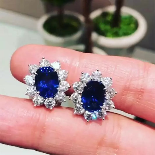 Classic 2ctw Oval & Round Cut Blue and White Sapphire Stud Earrings-JEWELBUYS