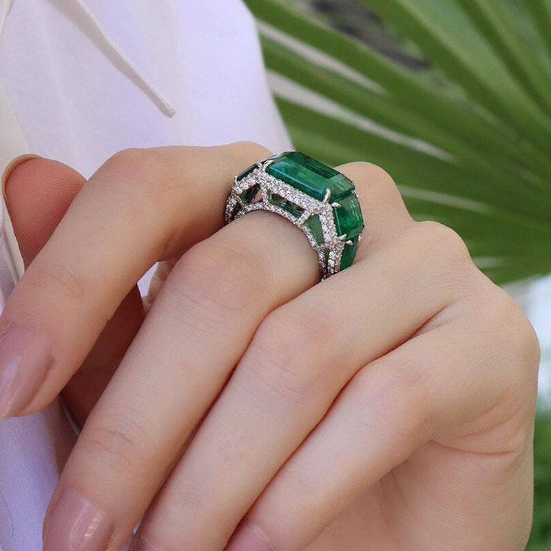 Elegant 13ct Emerald Cut Pave Green Sapphire Setting Engagement Ring-JEWELBUYS