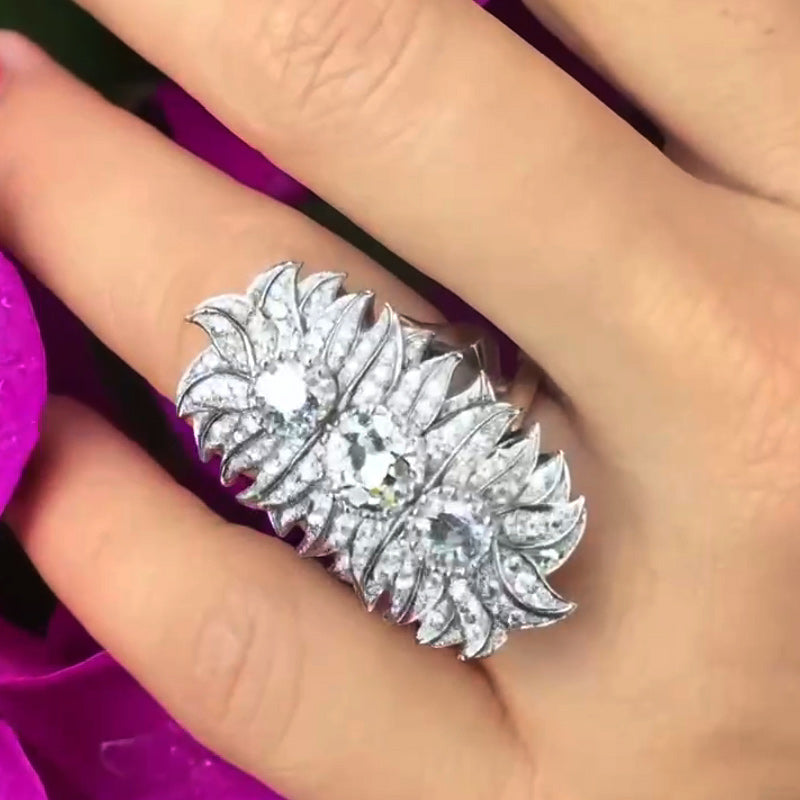 4.65Ctw Round White Sapphire Three-Stone Leaf Ring-JEWELBUYS