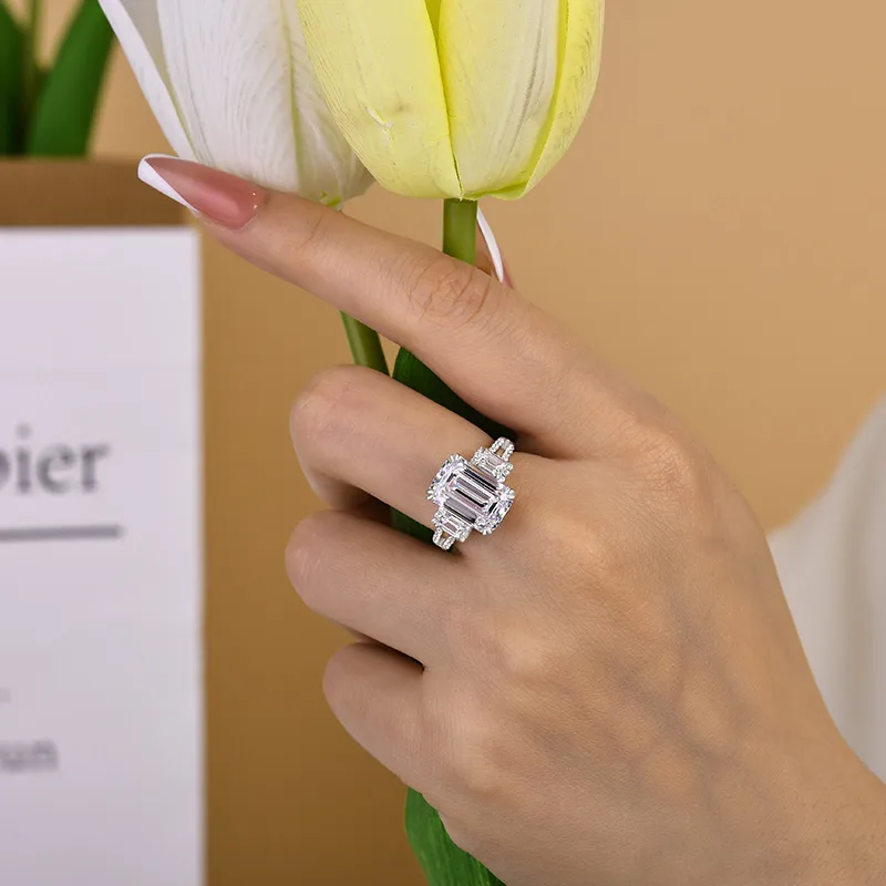 5ct Emerald Cut White Sapphire Three Stones Engagement Ring-JEWELBUYS