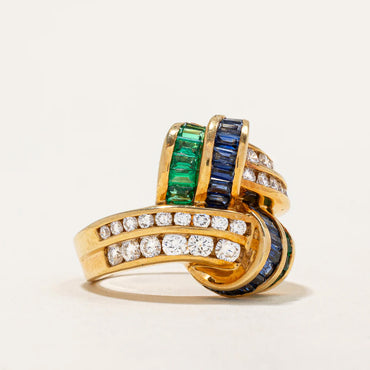 2.25Ctw Emerald and Round-Cut Multicolor Sapphire Ring-JEWELBUYS