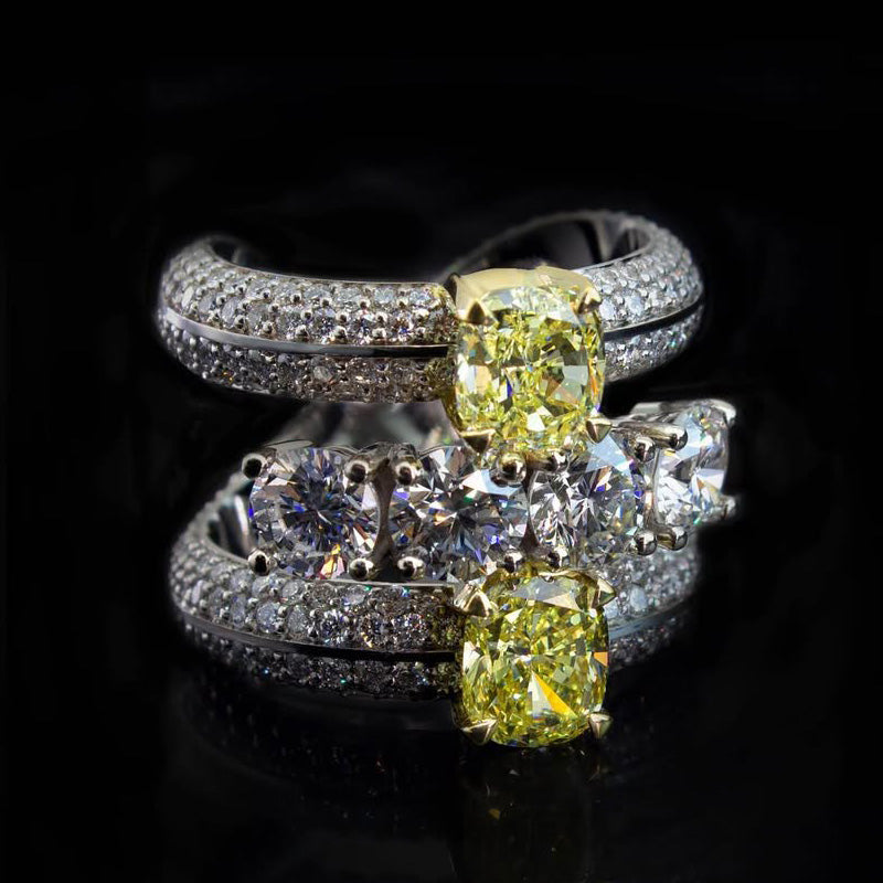 5ct 2 Yellow Cushion Cut and 4 White Round Cut Sapphires Fashion Ring-JEWELBUYS