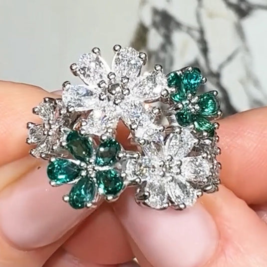 14ct Pear Cut Emerald and White Diamond Floral Ring - JEWELBUYS