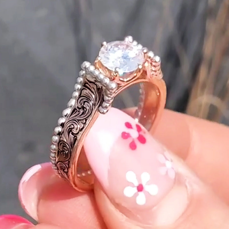 2.0ct Round Cut Rose Gold Hand Engraved Ladies Ring Set-JEWELBUYS