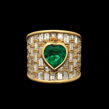 4.26Ctw Heart-Shaped Wide Engagement Ring with Emerald and Rectangular-Cut Sapphire-JEWELBUYS