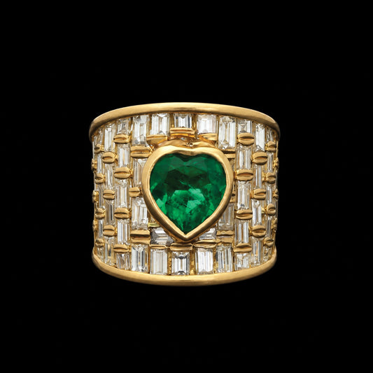 4.26Ctw Heart-Shaped Wide Engagement Ring with Emerald and Rectangular-Cut Sapphire-JEWELBUYS