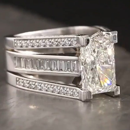 5.01ct Radiant Cut Triple Row White Sapphire Engagement Ring-JEWELBUYS