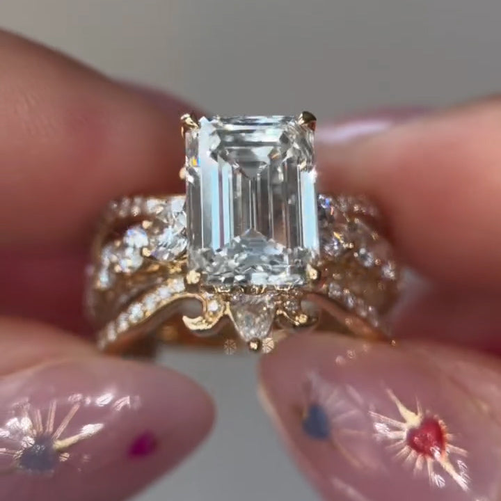 4.0Ctw Brilliant Emerald-Cut Sapphire Vintage Scroll Stacked Ring-JEWELBUYS