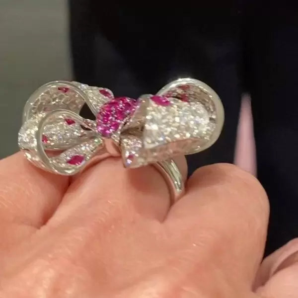 6ct Round Cut Ruby & White Sapphire Bow Ring-JEWELBUYS