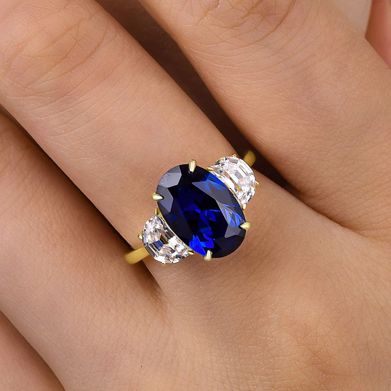 3.5ct Oval Cut Blue Sapphire Three Stones Engagement Ring-JEWELBUYS