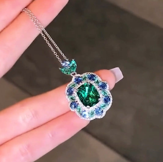 8ct Cushion Cut Blue and Emerald Gemstone Necklace - JEWELBUYS