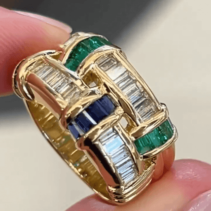 Eternal Art 2ct Emerald Cut Multi Sapphires Wide Band Two Tone Weave Ring in Gold-JEWELBUYS