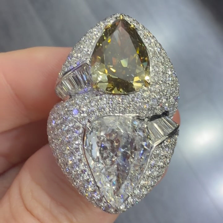 10Ctw pear-shaped cut yellow and white two-color sapphire bypass ring-JEWELBUYS