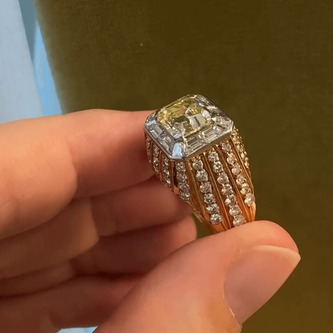 6ct Fancy Yellow Emerald Surrounded Round Cut White Sapphire Engagement Ring in Rose Gold-JEWELBUYS