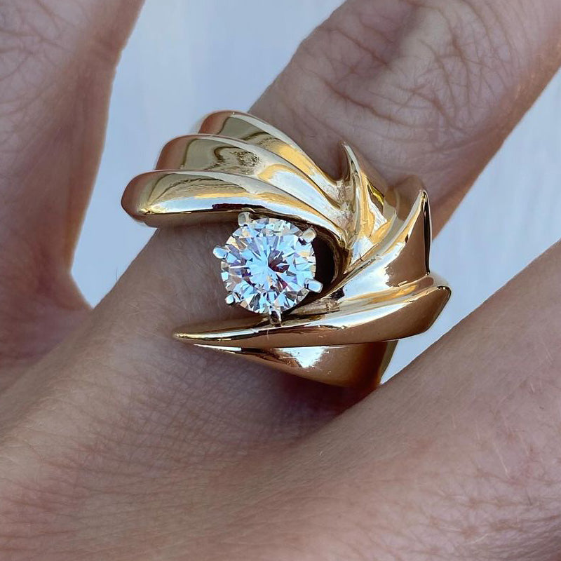 Unique 3ctw Round Cut White Diamond Solitaire Gold Swirl Engagement Ring  - JEWELBUYS