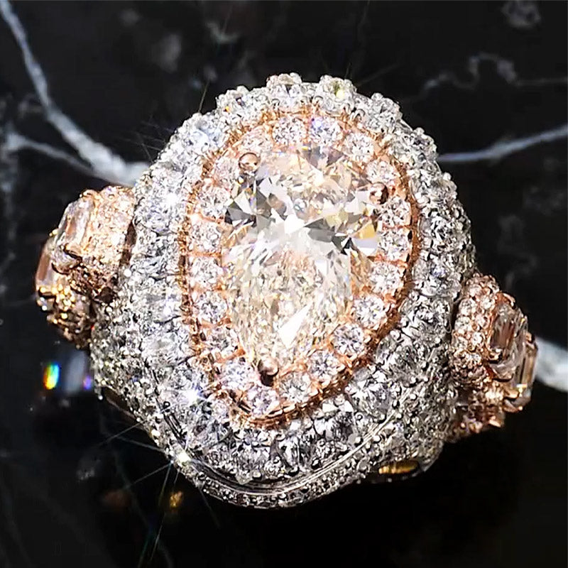 14.0ct Pear Cut Two Color Gold Plated White Sapphire Luxury Pave Setting Ring-JEWELBUYS