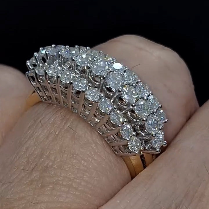 1.34Ctw Round-cut three-row sapphire bicolor gold ring- JEWELBUYS