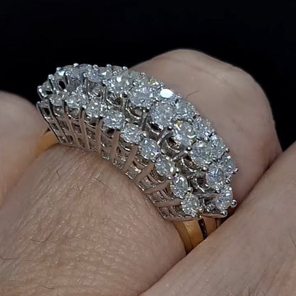 1.34Ctw Round-cut three-row sapphire bicolor gold ring- JEWELBUYS