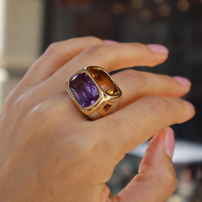 Unique 12 ctw Cushion Cut Blue & Purple & Yellow Gemstone Two Stone Cocktail Ring -JEWELBUYS