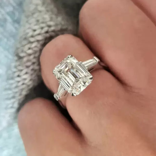 5ct Emerald Cut White Sapphire Three Stone Engagement Ring-JEWELBUYS