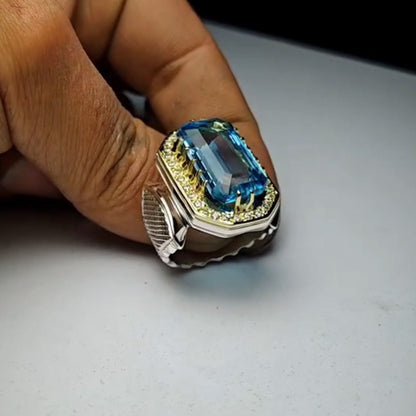 11ct Octagon Cut Aquamarine S925 Sterling Silver Ring-JEWELBUYS