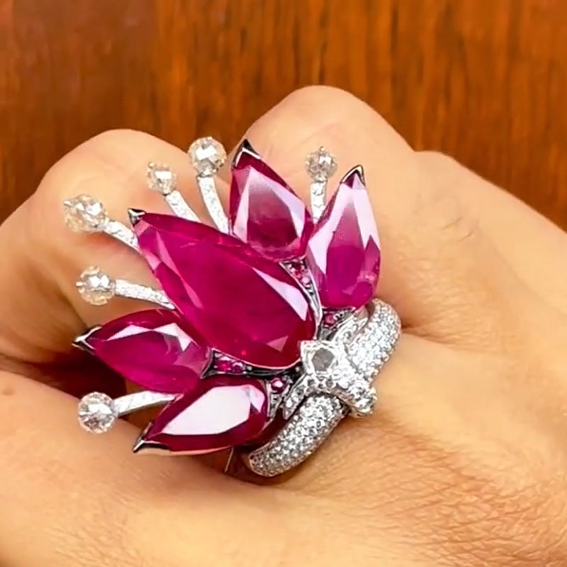 8.0ctw Pear-Shaped Ruby Crown Ring-JEWELBUYS