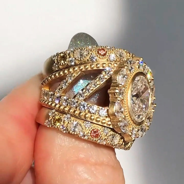 3.6Ctw Oval Cut White Sapphire and Pink Morganite Art Engagement Ring-JEWELBUYS