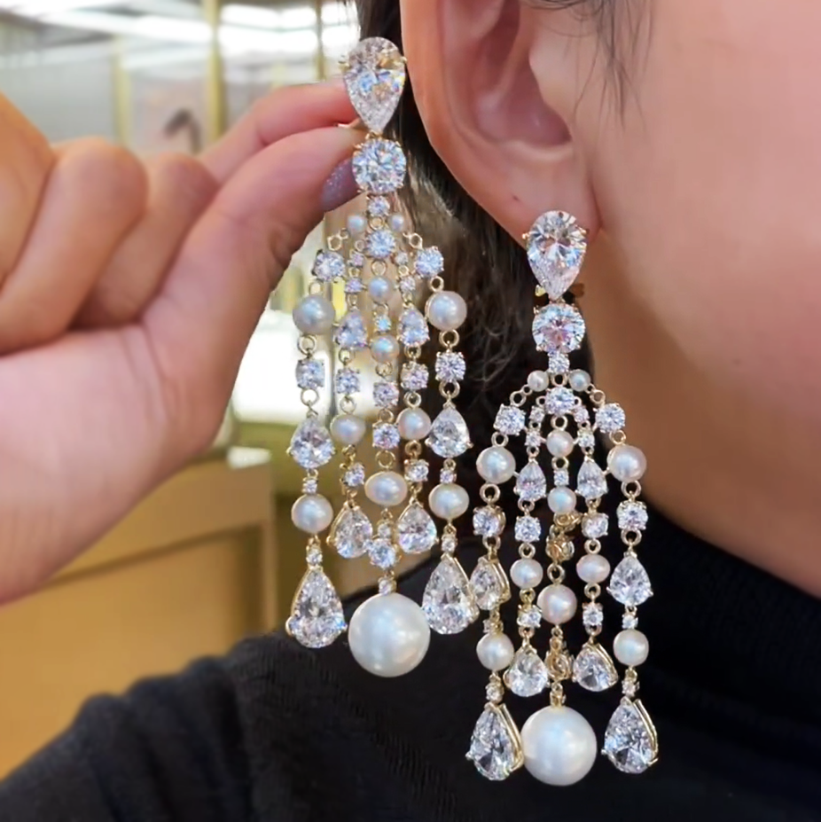 Fantasy 10 ctw Pear&Round Cut White Gemstone & Pearl Chandelier Earrings -JEWELBUYS