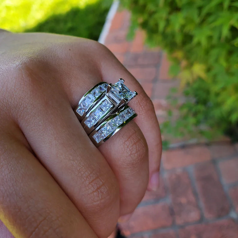 6.01ctw Princess Cut White Sapphire Stacked Engagement Ring-JEWELBUYS