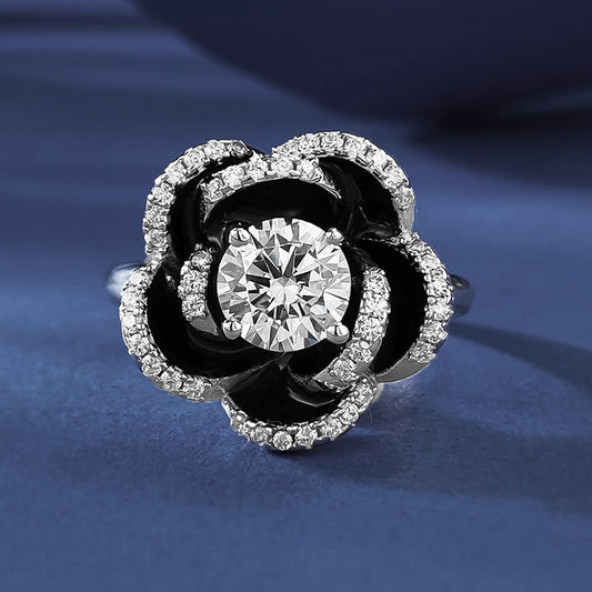 Unique 2 ctw Round Cut White Gemstone Black Camellia Ring -JEWELBUYS