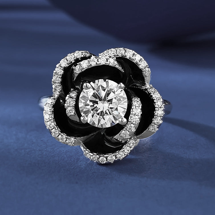Unique 2 ctw Round Cut White Gemstone Black Camellia Ring -JEWELBUYS