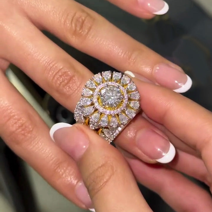 5.3Ctw Round and pear-shaped cut sapphire ring with blooming flowers- JEWELBUYS